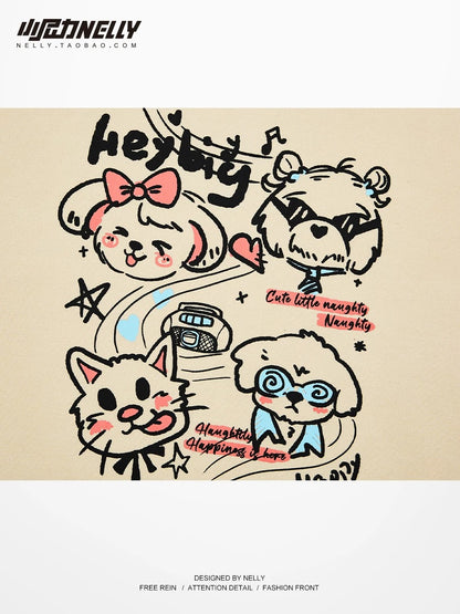 Heavy trendy brand cartoon print hooded sweatshirt for men and women in autumn and winter thickened trendy brand handsome high street American retro jacket