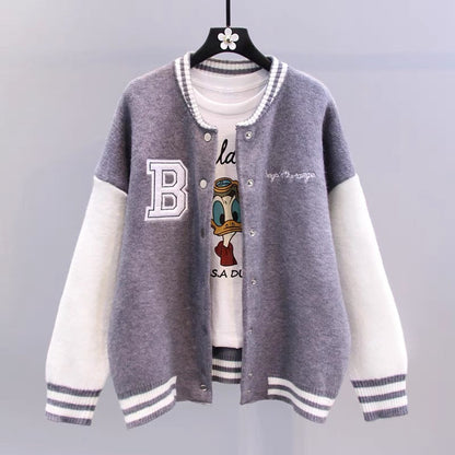 Color block letter baseball uniform sweater jacket for women autumn and winter 2023 new loose college style casual knitted cardigan (S3330)