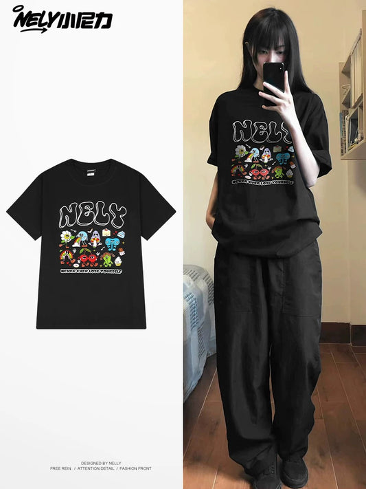 American cartoon cat print round neck short sleeve men and women summer 2025 couple pure cotton t-shirt half sleeve bottoming shirt trend