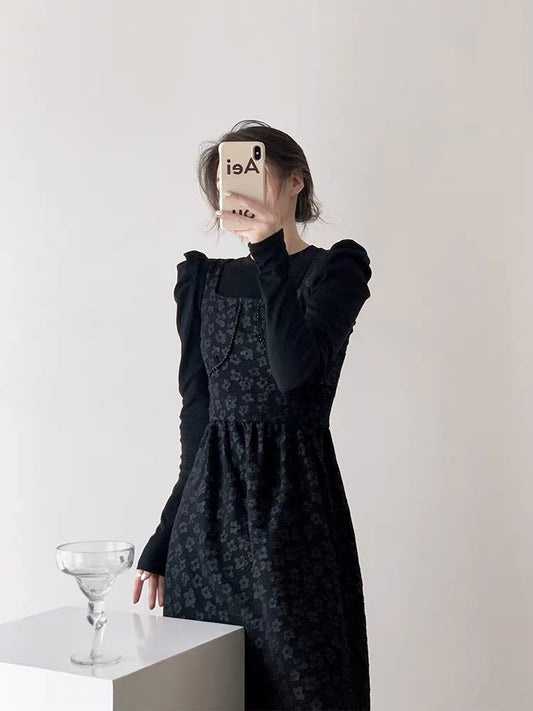 Sweet cool style black dress women's autumn new style slimming French design suspender suit skirt two-piece set