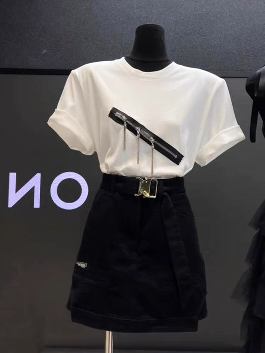 2023 summer new American style retro high waist slim denim skirt fashion all-match white T-shirt women's suit