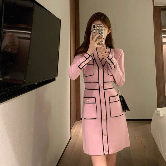 Autumn and winter clothing 2023 new women's French retro waist slimming high-end bottoming long-sleeved pink knitted dress