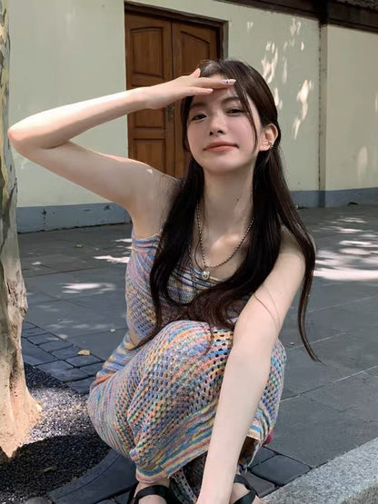 Sweet hot girl pure desire Hong Kong style rainbow striped small camisole for women to wear inside and outside French chic Hyuna style top