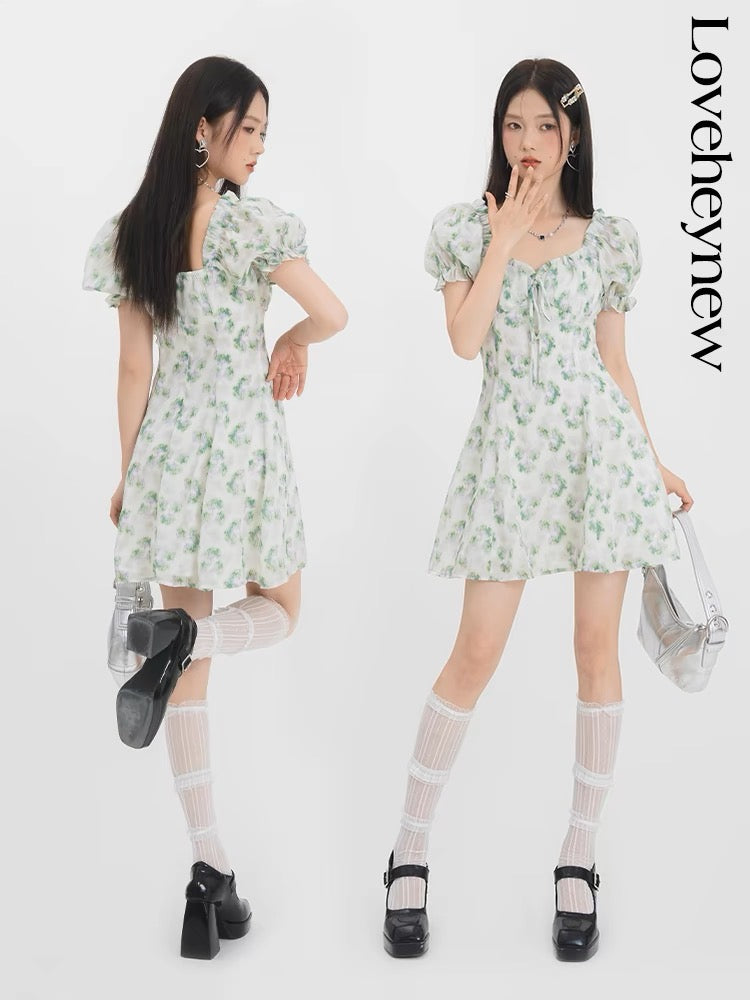 LOVEHEYNEW heavy fabric floral dress women's summer 2023 new design puff sleeve short skirt D810