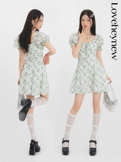 LOVEHEYNEW heavy fabric floral dress women's summer 2023 new design puff sleeve short skirt D810