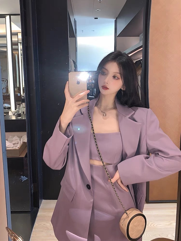 Pure desire style taro purple suit jacket autumn mature style sexy suspender dress women's two-piece suit