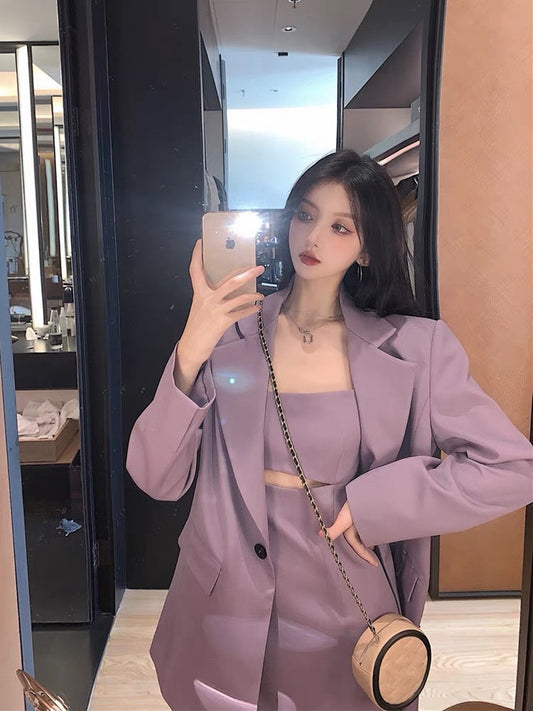 Pure desire style taro purple suit jacket autumn mature style sexy suspender dress women's two-piece suit