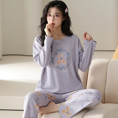 Pajamas for women Spring and Autumn 2024 new long-sleeved cotton large size summer cute autumn and winter home clothes suit
