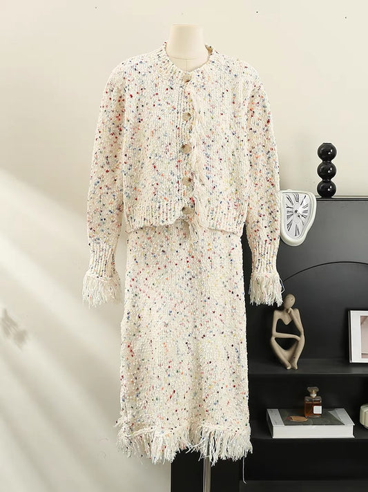 Color dot tassel knitted suit for women autumn and winter 2023 new style gentle wind soft waxy sweater cardigan skirt two-piece set