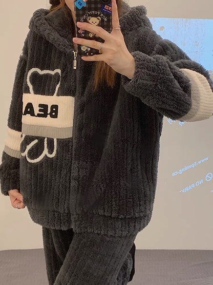 Coral velvet pajamas winter women's hooded zipper can be worn outside home clothes autumn and winter plus velvet thickened flannel