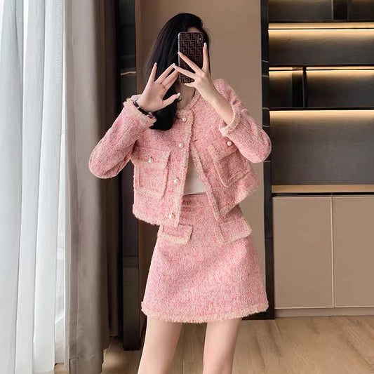Autumn and winter new fashion temperament pink celebrity small fragrance suit women's high-end skirt two-piece set Korean drama autumn