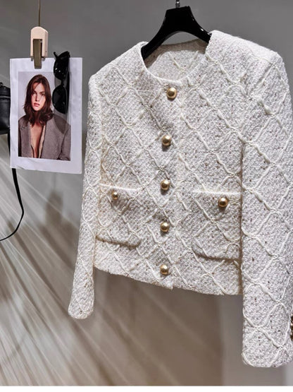High-end rough French style jacket for women 2023 new autumn celebrity tweed temperament round neck top