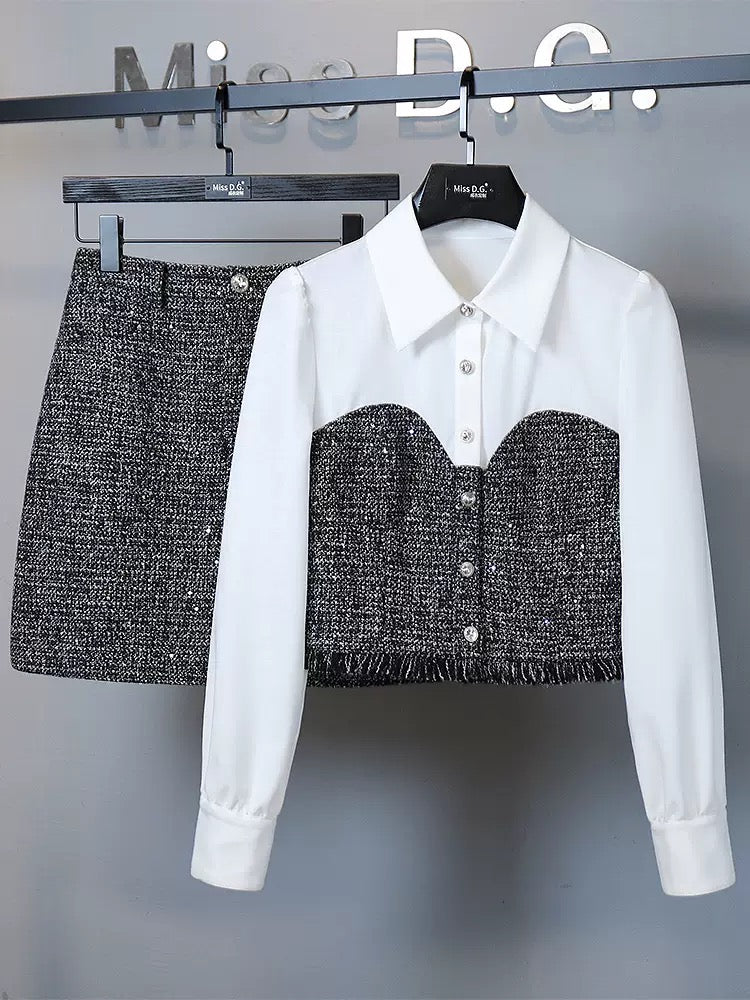 Miss DG Design Fashionable Temperament Suit 2024 Spring Small Fragrance Style Spliced Top and Skirt Two-piece Set for Women