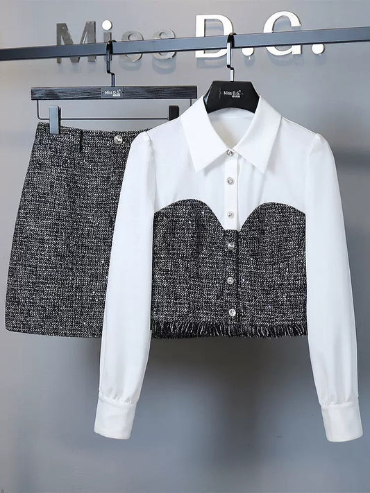 Miss DG Design Fashionable Temperament Suit 2024 Spring Small Fragrance Style Spliced Top and Skirt Two-piece Set for Women