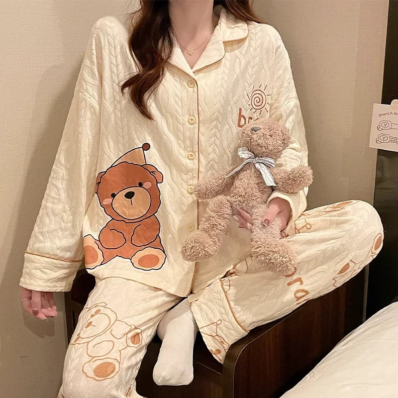 Pajamas women summer cardigan long-sleeved trousers suit summer ladies 2024 new cartoon spring autumn winter home clothes