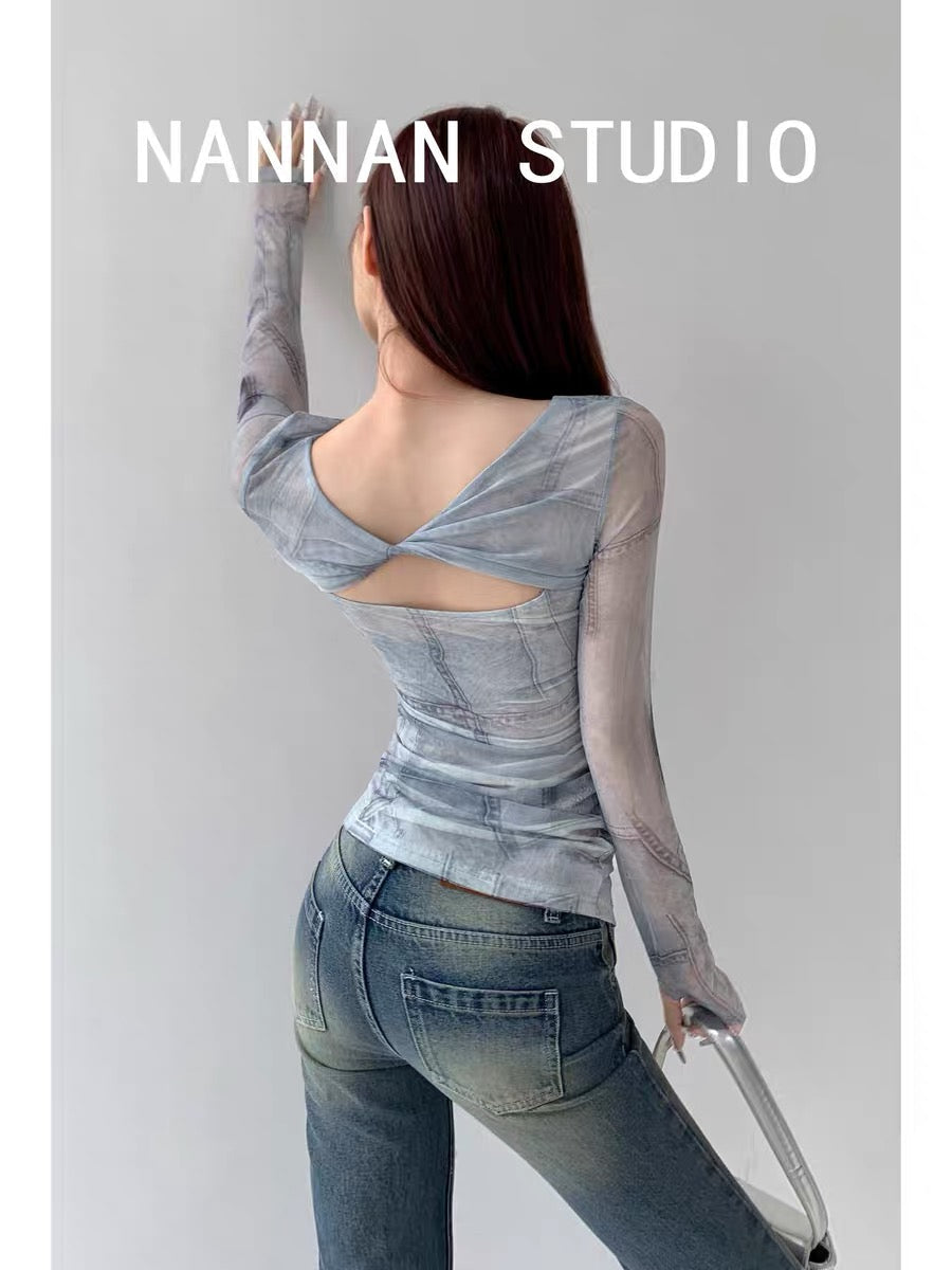 Pure lust!! Knotted hollow design mesh long-sleeved top for women summer sun protection thin tie-dye T-shirt trendy (S0815)