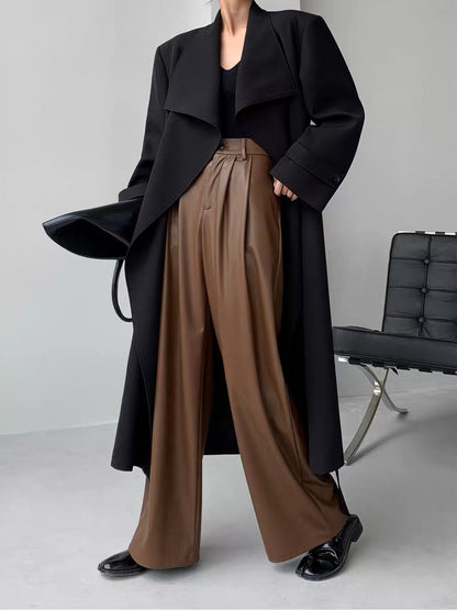 PAPERLLL Xinjian autumn and winter new soft high-waisted silhouette leather pants wide-leg pants for women European and American straight trousers (B4417)