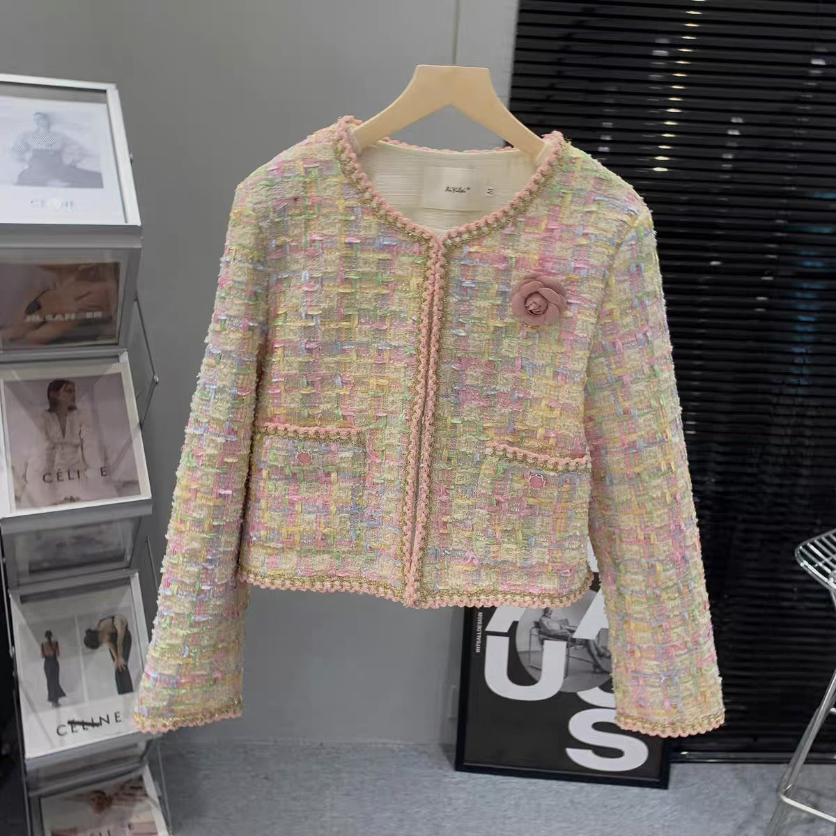 French plaid pink girly style ladylike high-end three-dimensional flower design plaid long-sleeved jacket T7971