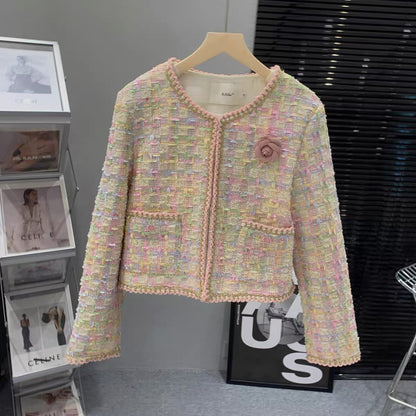 French plaid pink girly style ladylike high-end three-dimensional flower design plaid long-sleeved jacket T7971