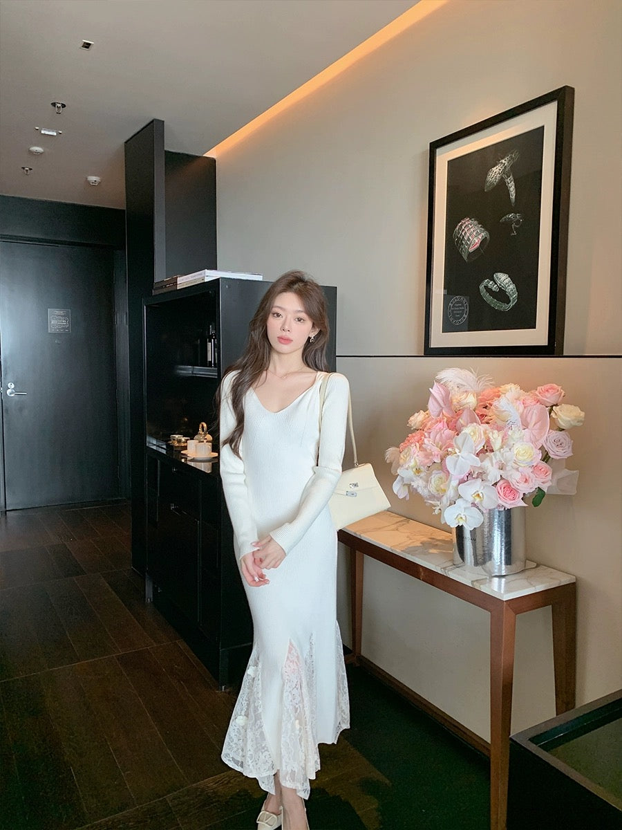 ByYou2024 Spring V-neck long-sleeved spliced lace white rabbit velvet knitted dress long inner sweater skirt