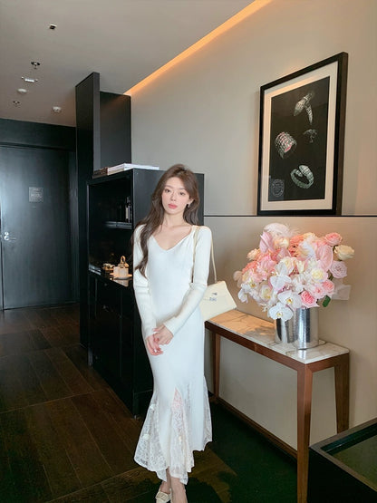 ByYou2024 Spring V-neck long-sleeved spliced lace white rabbit velvet knitted dress long inner sweater skirt