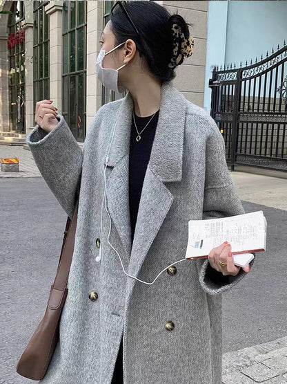 Double-sided cashmere coat for women mid-length 2023 autumn and winter new high-end loose suit collar long woolen coat