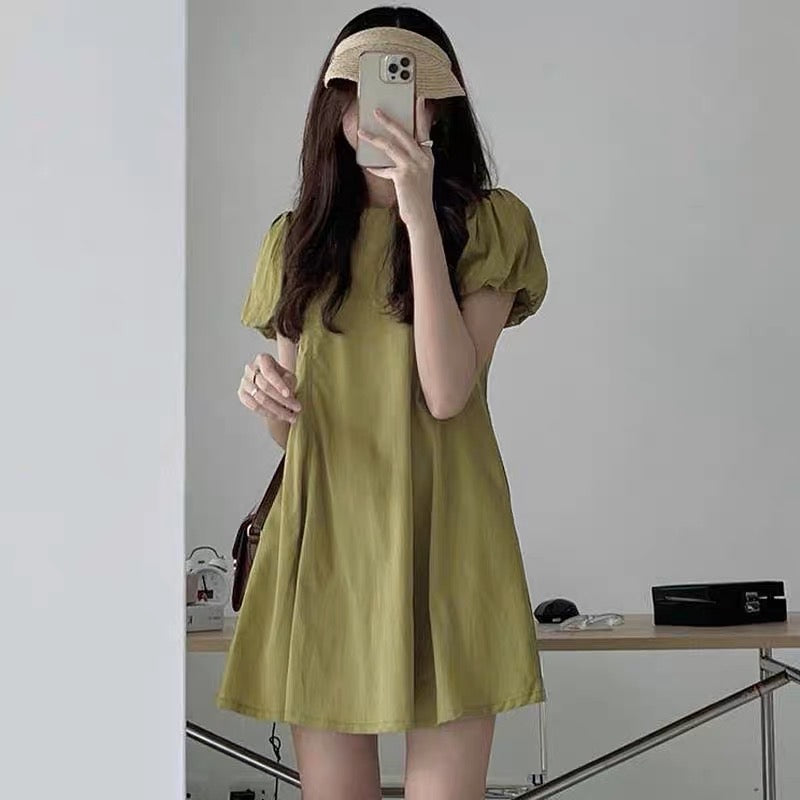 Korean chic summer simple niche round neck pleats loose puff sleeves small A word short dress female