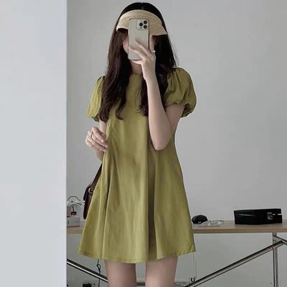 Korean chic summer simple niche round neck pleats loose puff sleeves small A word short dress female