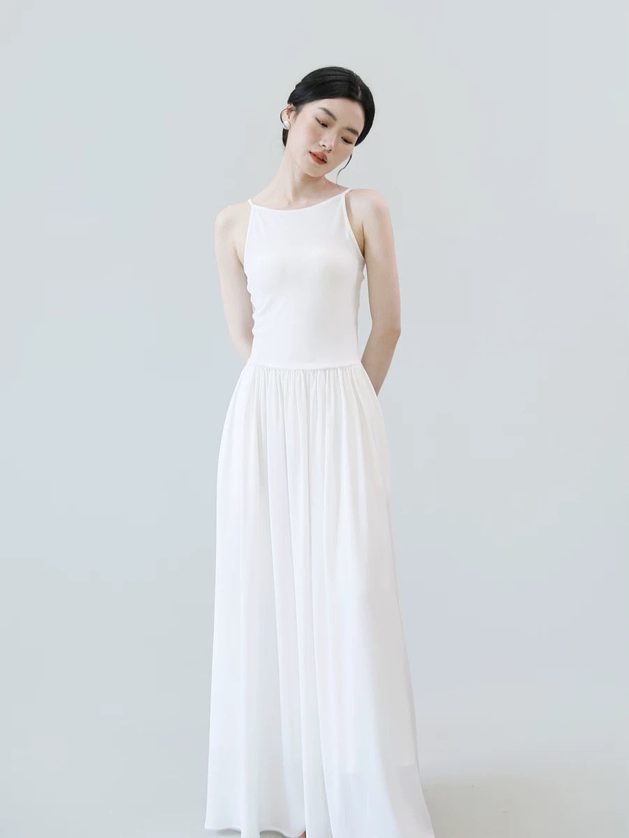 TANSSHOP casual lazy suspender long skirt low waist pleated large skirt flat neckline sleeveless dress solid color