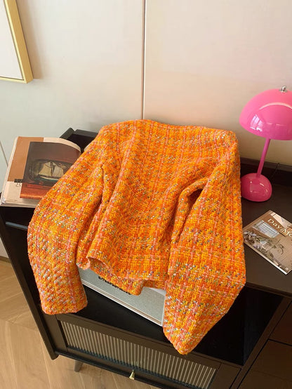 Orange double-breasted short style jacket for women in autumn and winter 2023 new style exquisite ladylike temperament and high-end sense top