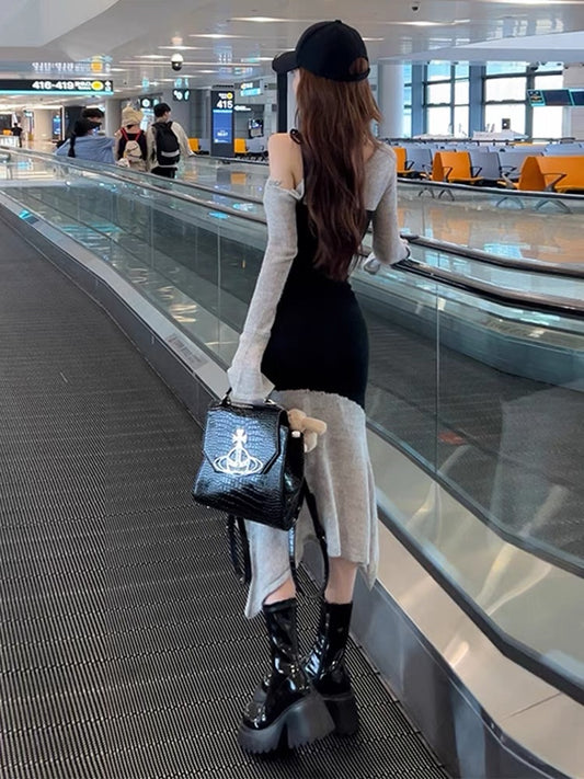 2023 early autumn new long-sleeved French knitted one-neck dress women's early autumn hot girl sexy hip skirt