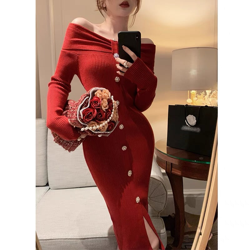 BETTER LS elegant one-shoulder knitted dress women's slim-fitting slit hip skirt autumn and winter bottoming skirt (S0870)