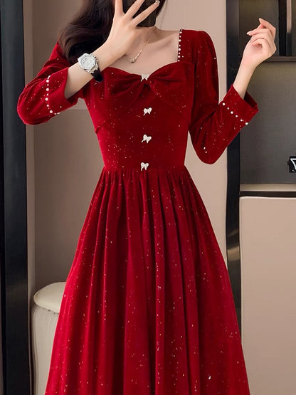 Autumn and winter new style retro temperament elegant light luxury high-end long skirt engagement red sequined mini dress dress