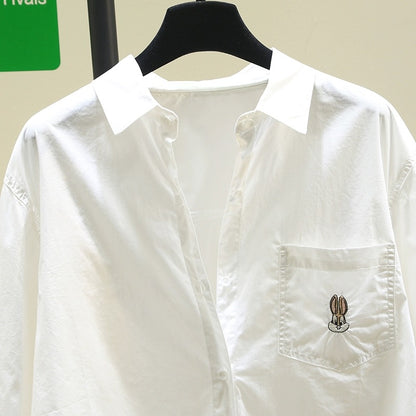 Design sense playful cute little rabbit white shirt female 2024 spring and autumn new Korean version loose casual shirt tops