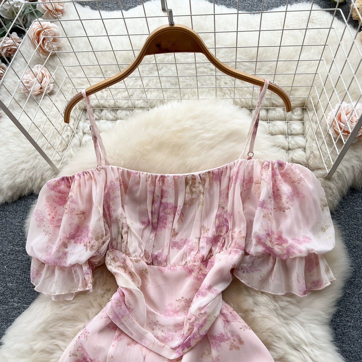 2023 Summer New Sweet Floral Dress Women's French Tea Break Off-Shoulder Straps Irregular Fairy Long Skirt