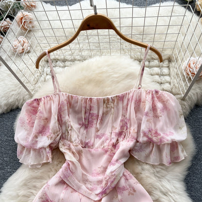 2023 Summer New Sweet Floral Dress Women's French Tea Break Off-Shoulder Straps Irregular Fairy Long Skirt
