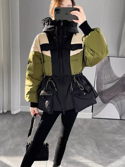Contrast color down jacket 2023 new women's winter waist slimming mid-length white duck down thickened short jacket
