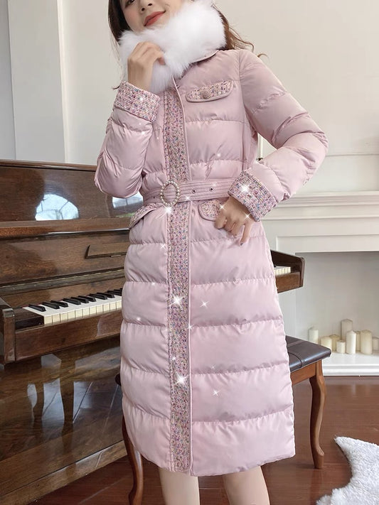 Nori gentle style down cotton coat for women French retro small fragrance style stitching doll collar waist slimming down cotton coat