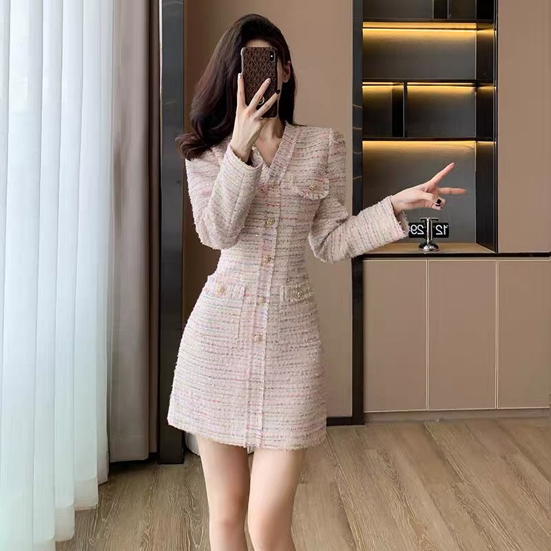 Celebrity Xiaoxiang style A-line skirt women's high-end light luxury style long-sleeved tweed temperament goddess style pink dress autumn