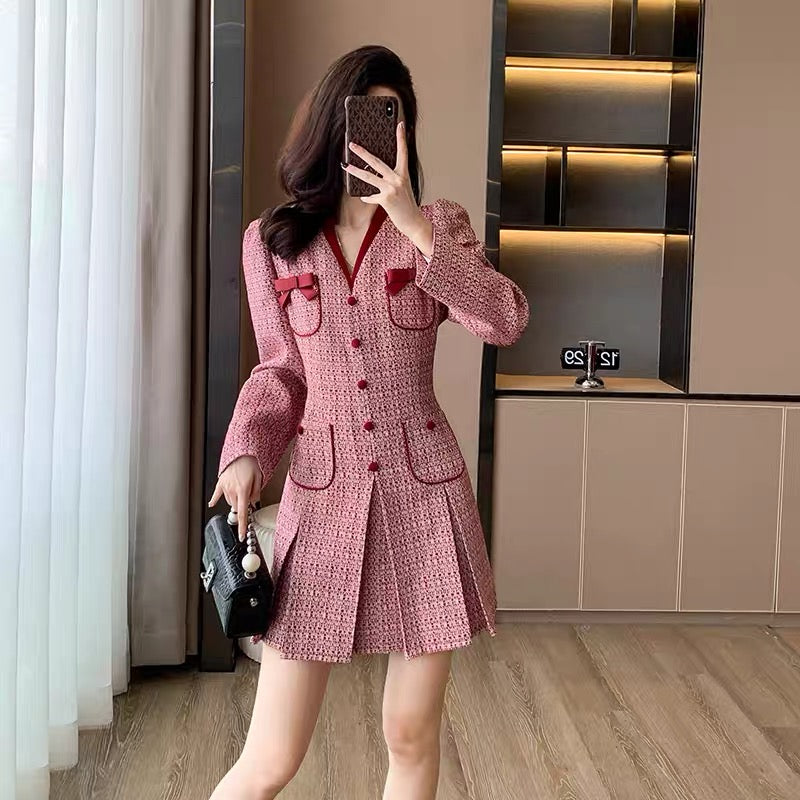 2023 New Women's Clothing Autumn Temperament Celebrity Slim High-Quality Red Small Fragrance Style Tweed Dress Women's Autumn