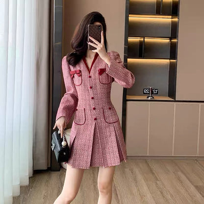2023 New Women's Clothing Autumn Temperament Celebrity Slim High-Quality Red Small Fragrance Style Tweed Dress Women's Autumn