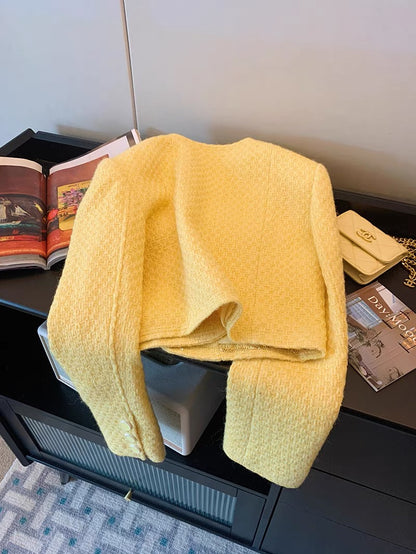 Yellow short round neck small fragrant jacket for women autumn and winter 2023 new Korean style gentle temperament lady woolen top