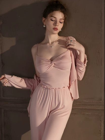 Forced to sell pajamas for women, autumn new model modal suspenders, sexy pure lust style with breast pads, three-piece home clothes set