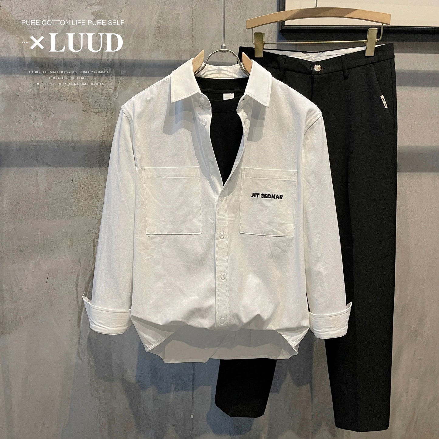 LUUD 100 pure cotton fabric comfortable lapel shirt simple and versatile solid color tooling trend men's long-sleeved thin coat