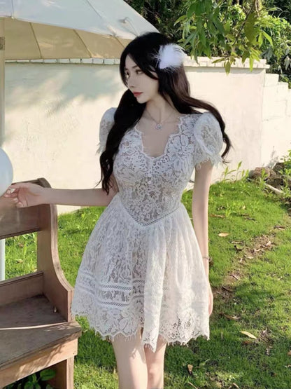 French Palace Retro Puff Short Sleeve Lace High Waist Skirt 2023 Pure Desire Sexy V Neck A-Line Skirt Puff Dress