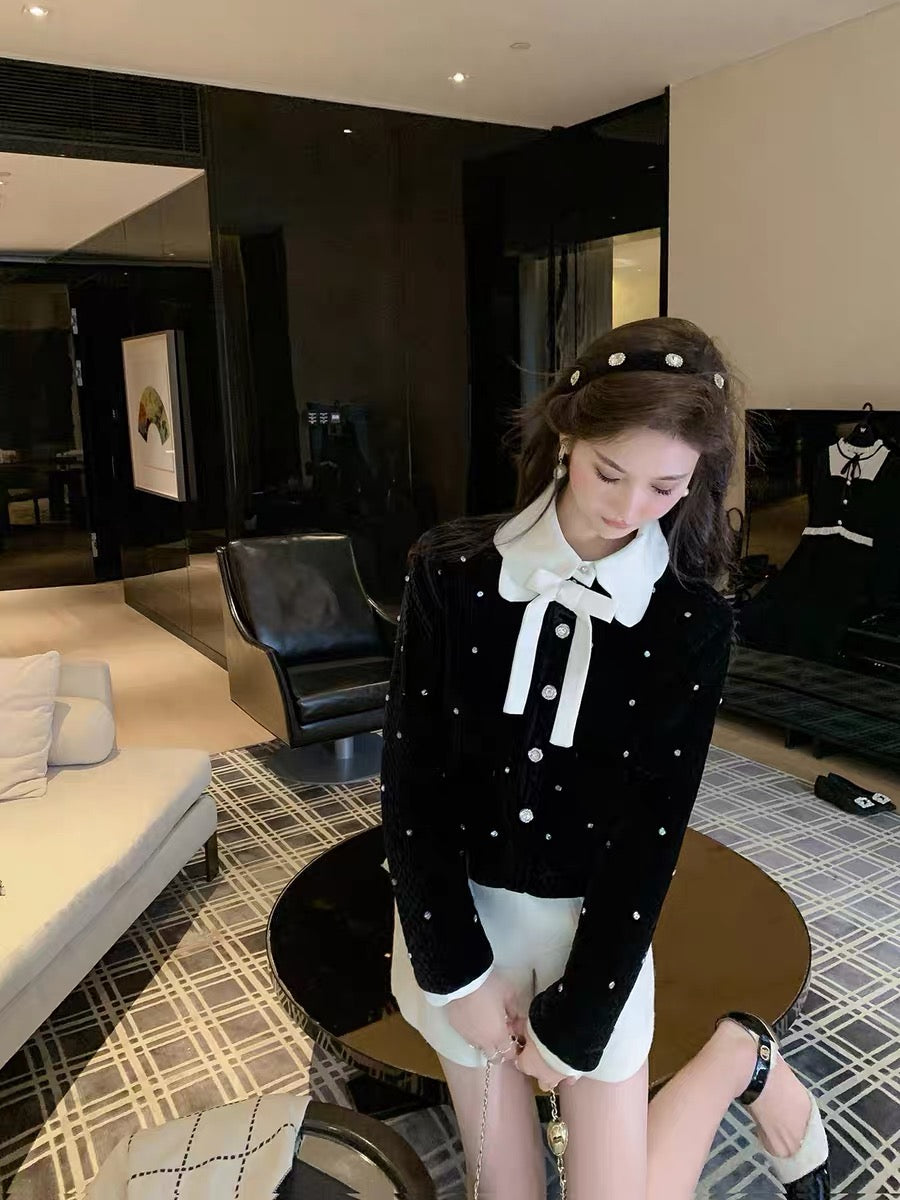 Fish Rabbit's rabbit doll collar coat for women 2023 new winter lady style bow woolen black top