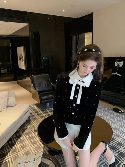 Fish Rabbit's rabbit doll collar coat for women 2023 new winter lady style bow woolen black top
