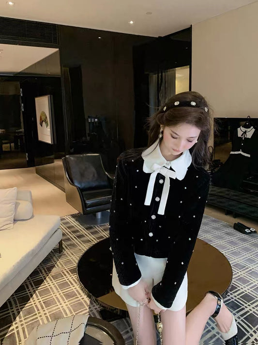Fish Rabbit's rabbit doll collar coat for women 2023 new winter lady style bow woolen black top