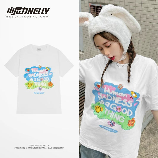 American cartoon cat print round neck short sleeve men and women summer 2025 couple pure cotton t-shirt half sleeve bottoming shirt trend