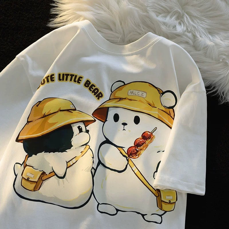 Jwneed Co-branded cartoon trendy brand apricot short-sleeved T-shirt for women dopamine summer new couple loose sweet cotton top